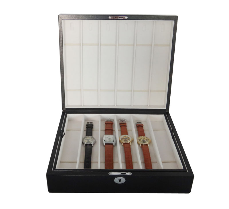 Black leather watch strap storage box with organized interior layout