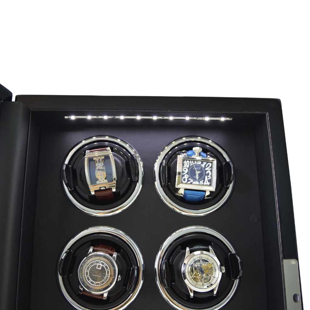 Black 6 watch winder interior showing watches in winding positions beneath LED lighting