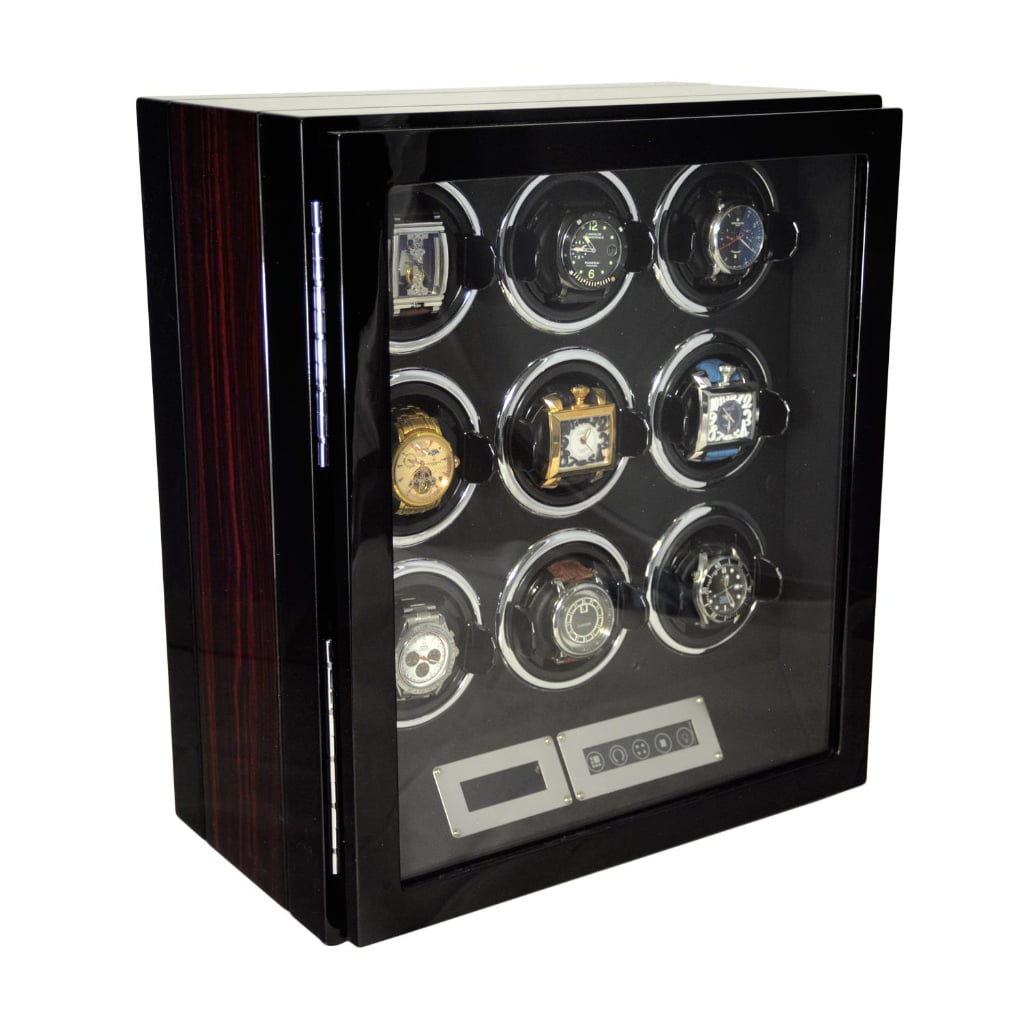 9 watch winder with high-gloss ebony side finish, tempered glass door and touchscreen controls
