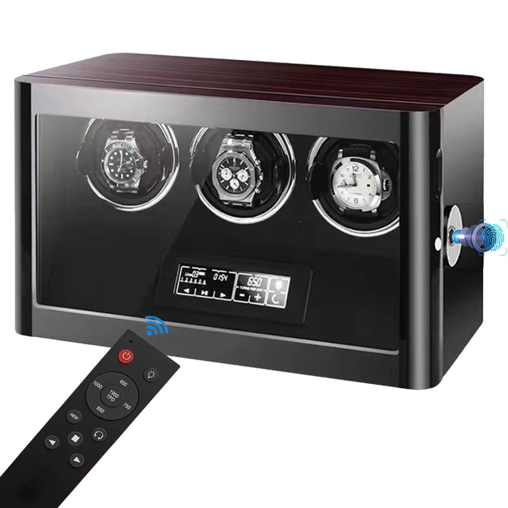 3 watch winder ebony finish with remote control and tempered glass window