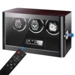 3 watch winder ebony finish with remote control and tempered glass window