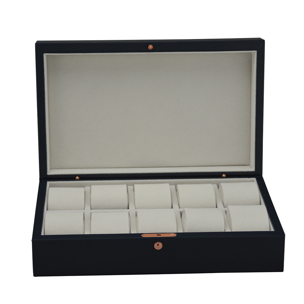 10 slot watch display case with blue PU leather exterior and beige velvet interior