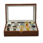10 slot brown leather watch box with acrylic window and organized compartments