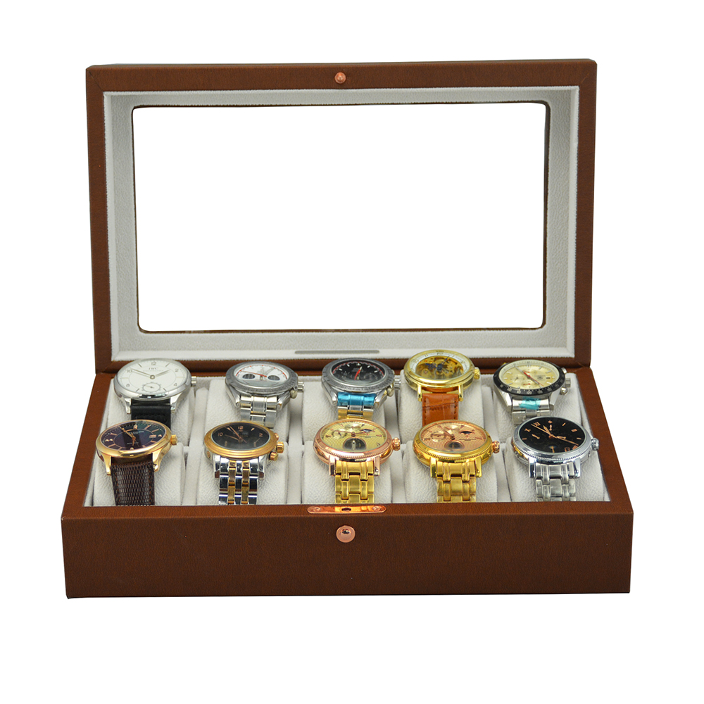 10 slot brown leather watch box with acrylic window and organized compartments
