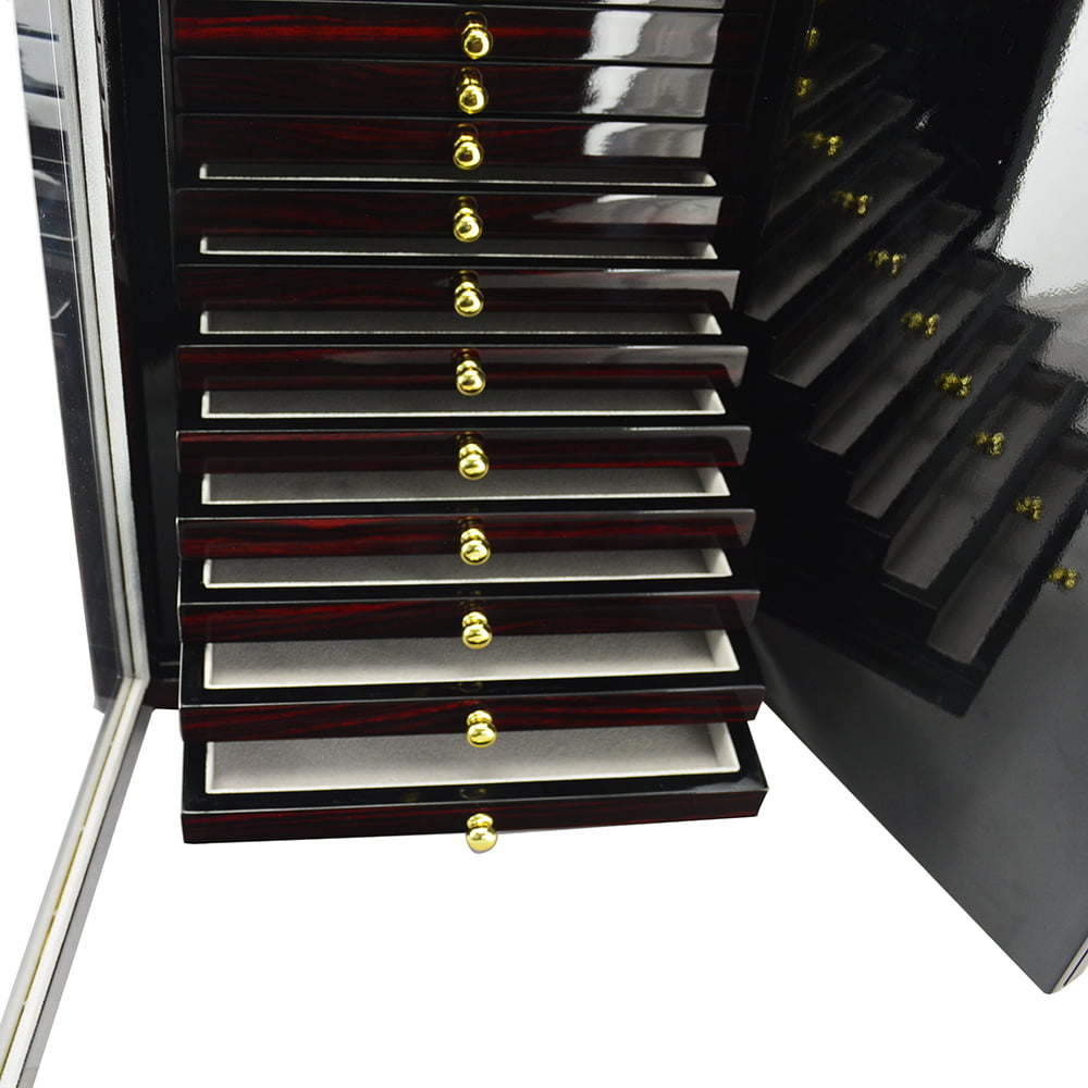 72-slot watch strap display cabinet with ebony finish and beige interior compartments