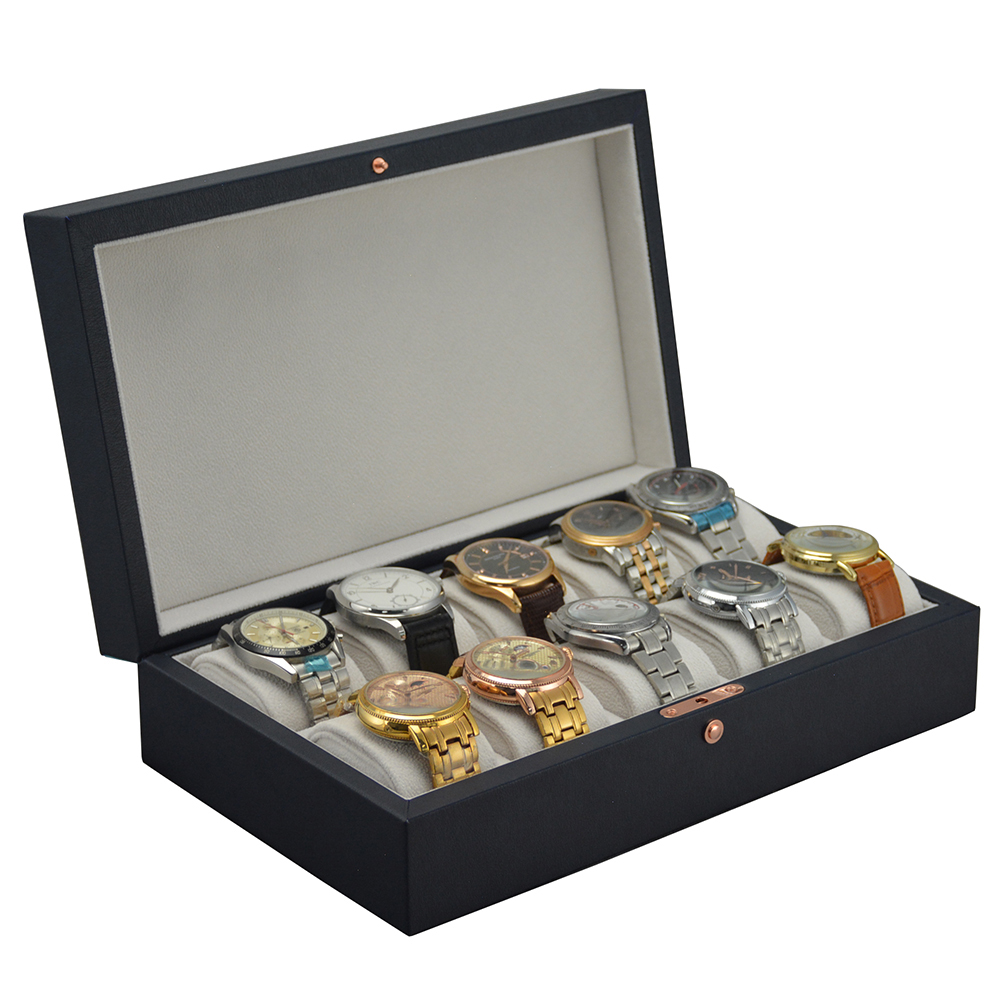 Luxury 10 slot watch display box with organized watch cushions