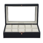 PU leather watch box with glass display window and beige interior cushions