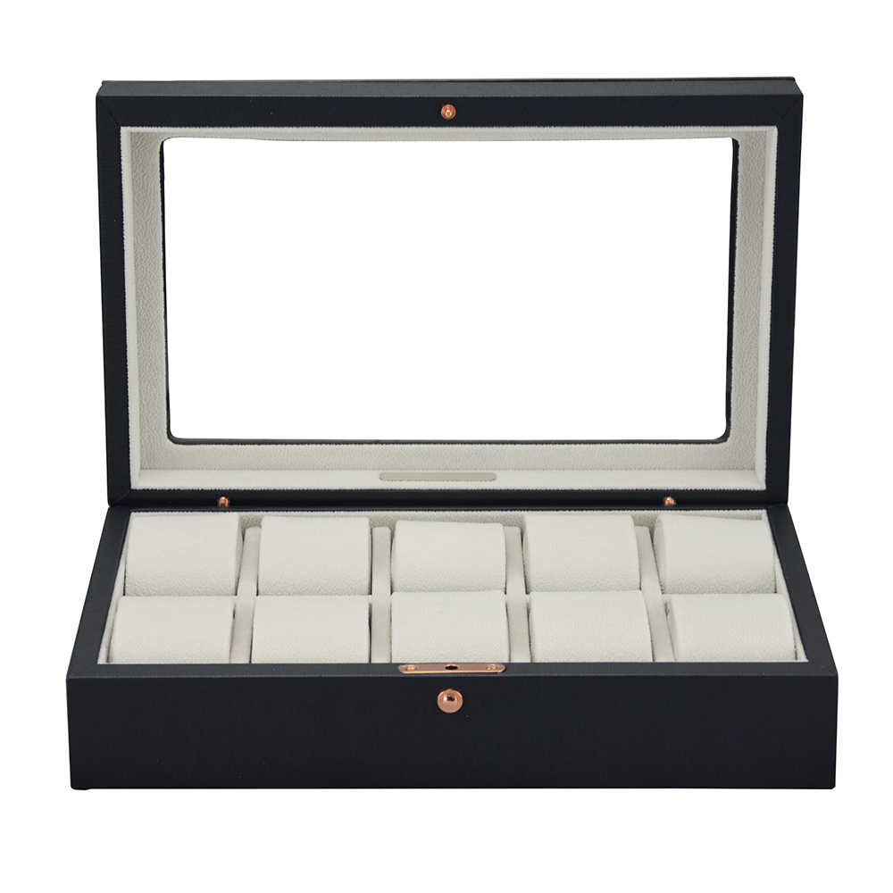PU leather watch box with glass display window and beige interior cushions