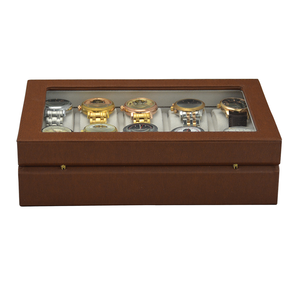 Leather watch collection storage case with 10 compartments and beige velvet interior