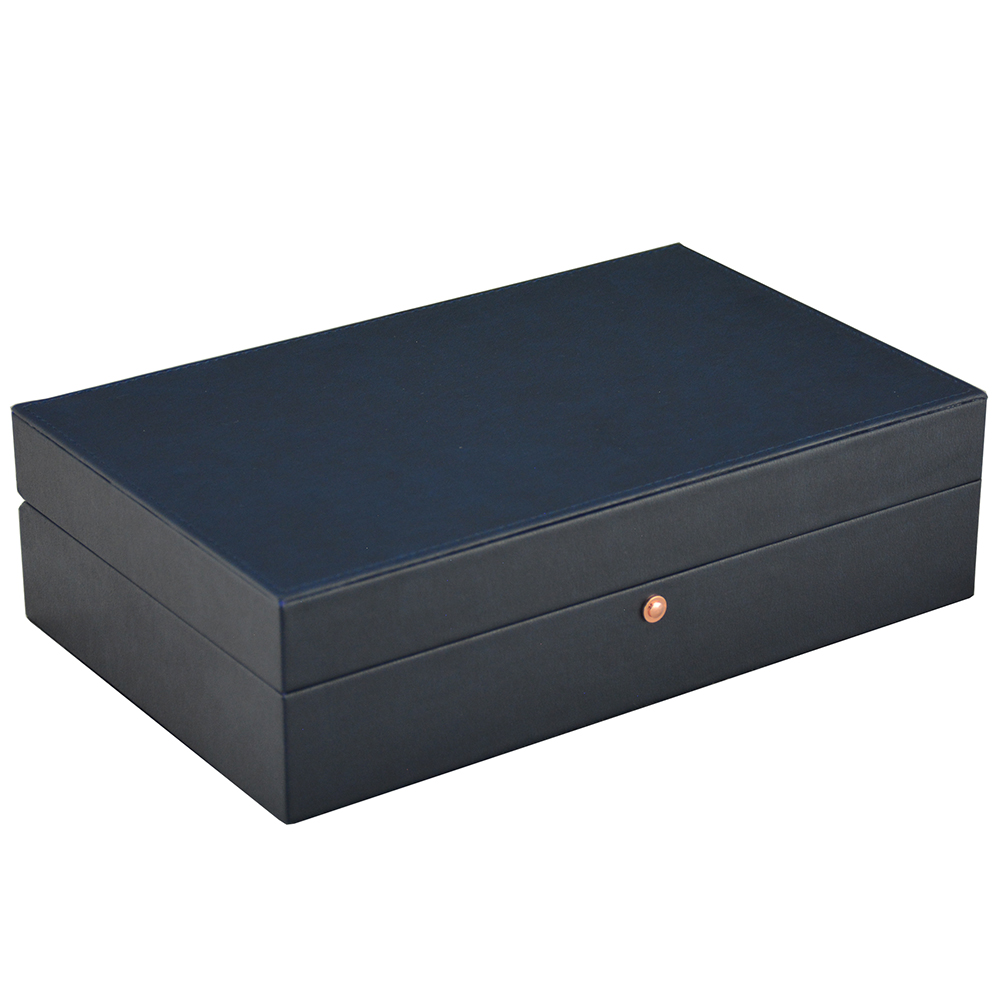 Leather watch box with beige velvet interior and multiple compartments