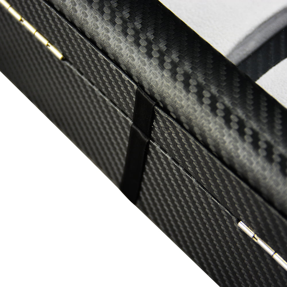Luxury watch box with carbon fiber exterior and organized watch storage compartments