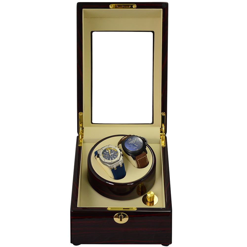 Custom watch winder open view with beige PU leather interior and storage compartments