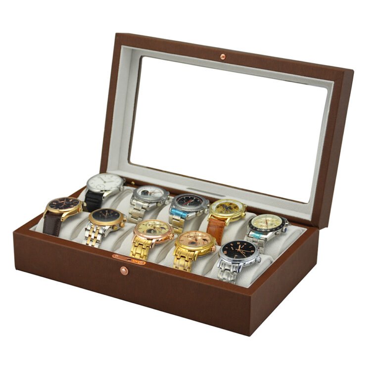 Brown Leather Watch Display Organizer with Acrylic Window for 10-Piece Collections