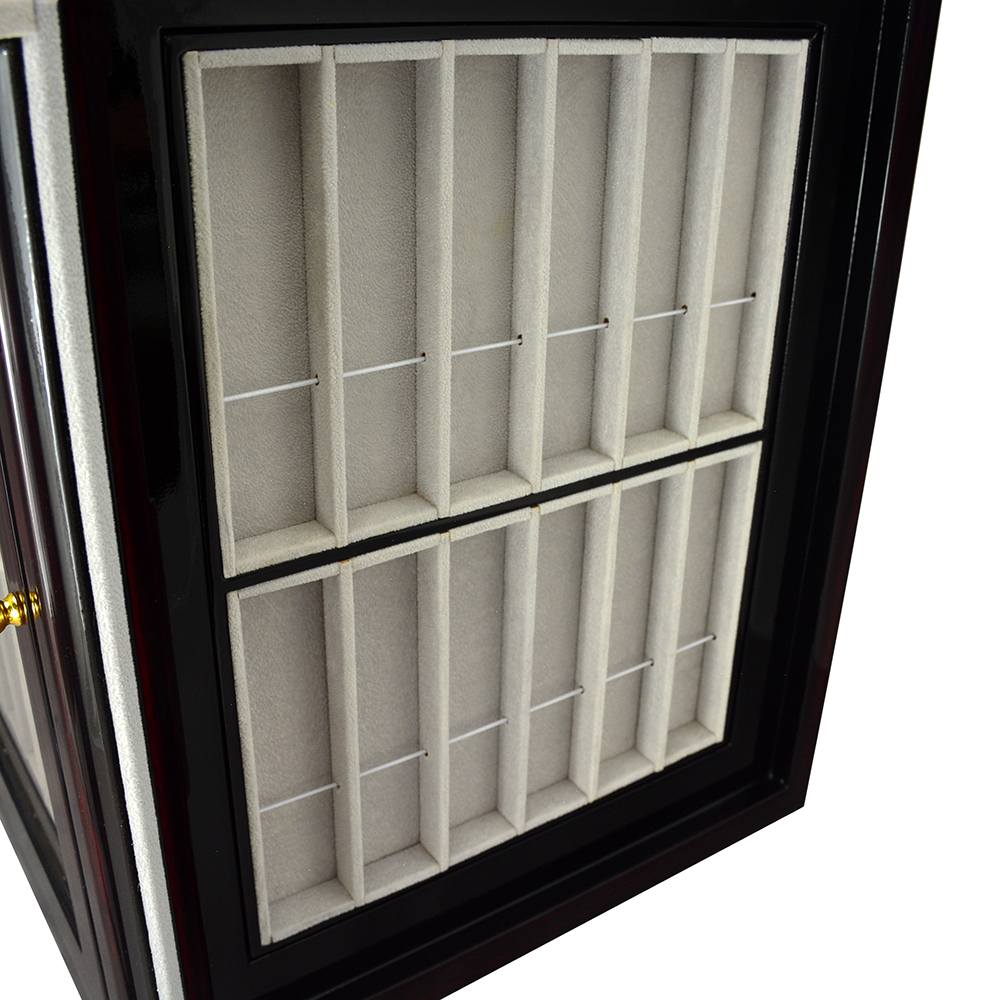 48-slot watch strap display cabinet with beige velvet-wrapped interior and divided strap compartments