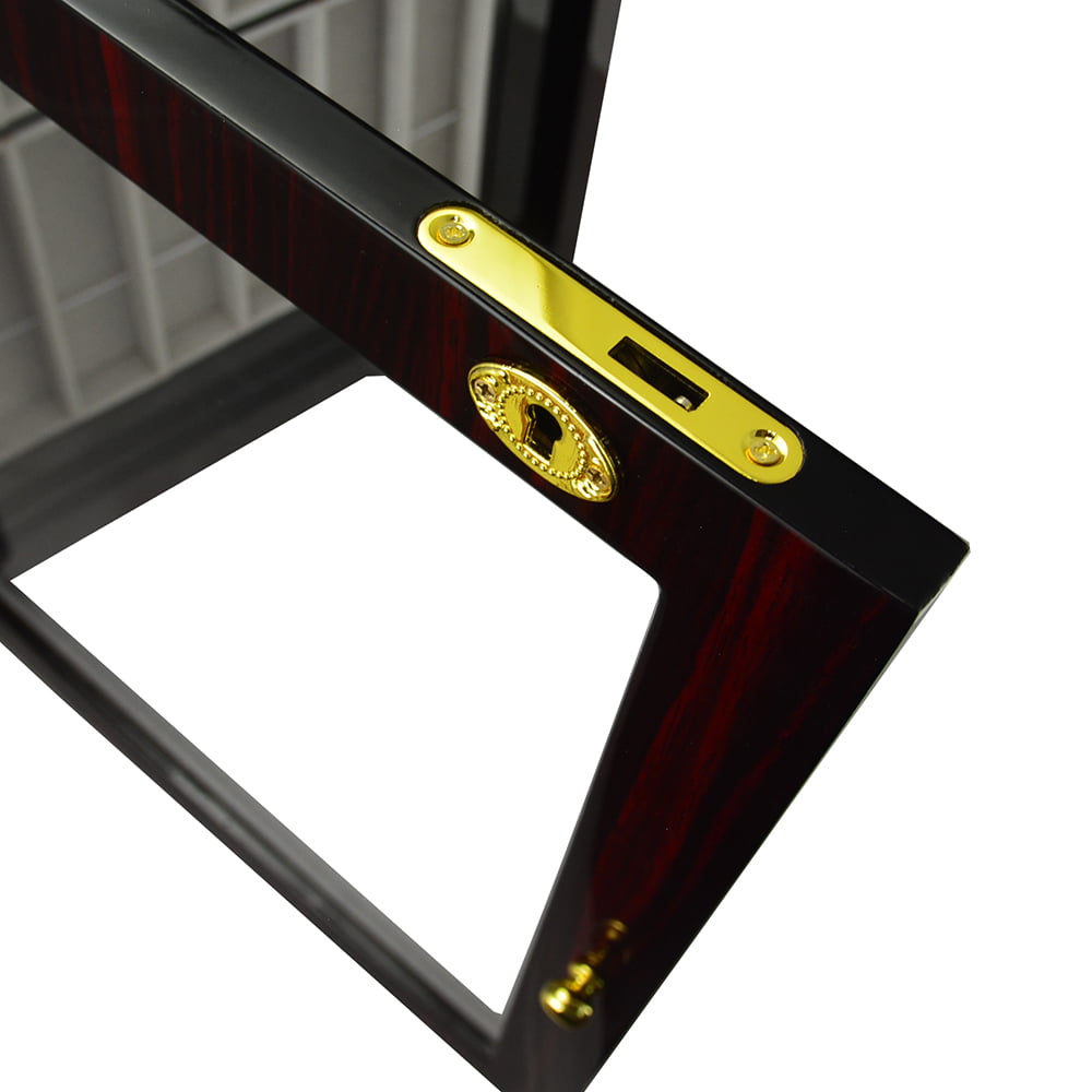 Ebony watch strap cabinet close-up showing gold-tone hardware lock and acrylic display panel