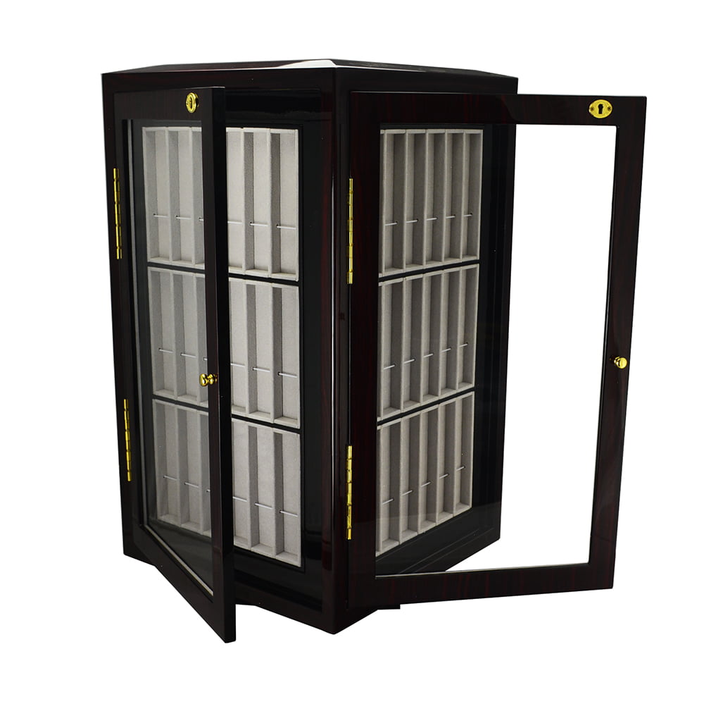 Wooden watch strap display cabinet with acrylic windows and organized strap compartments