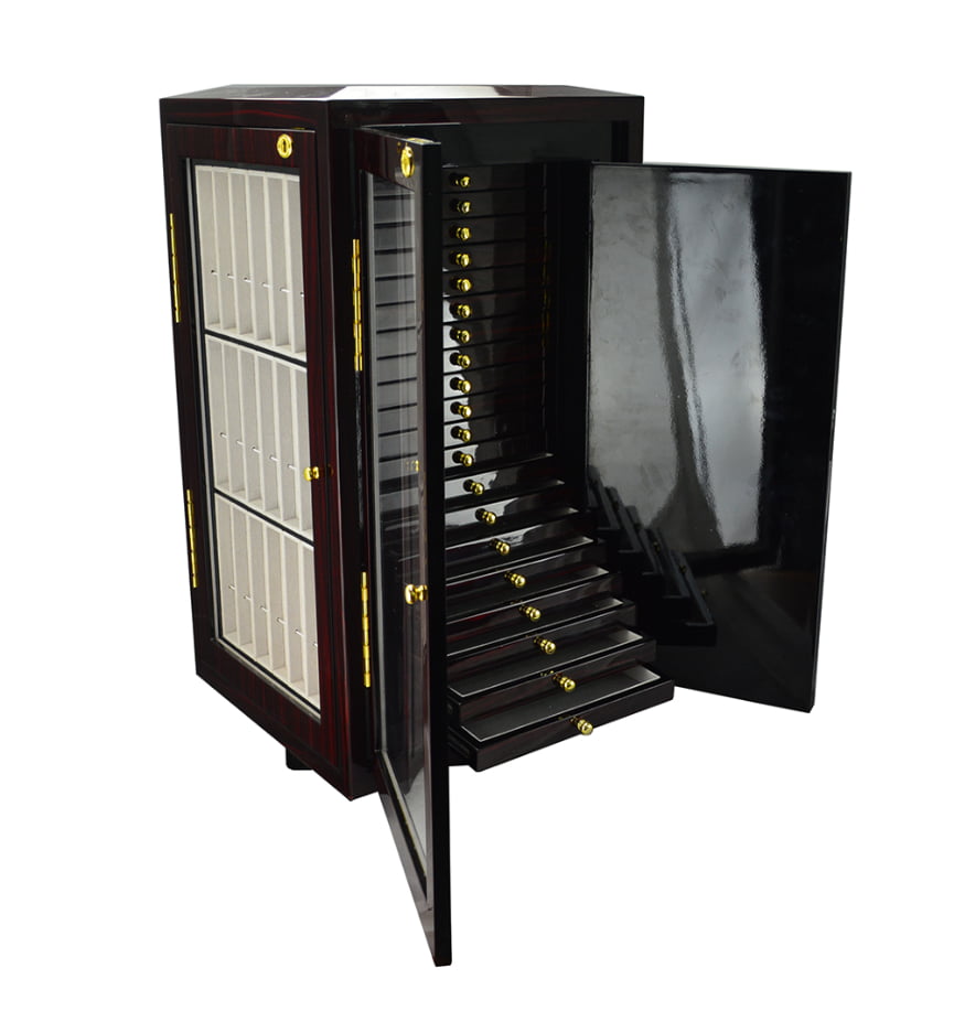 Watch strap display cabinet with multiple drawers and ebony lacquered exterior