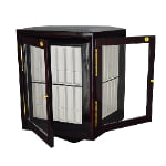 Ebony 48-slot watch strap cabinet with open acrylic display doors and beige compartmented interior