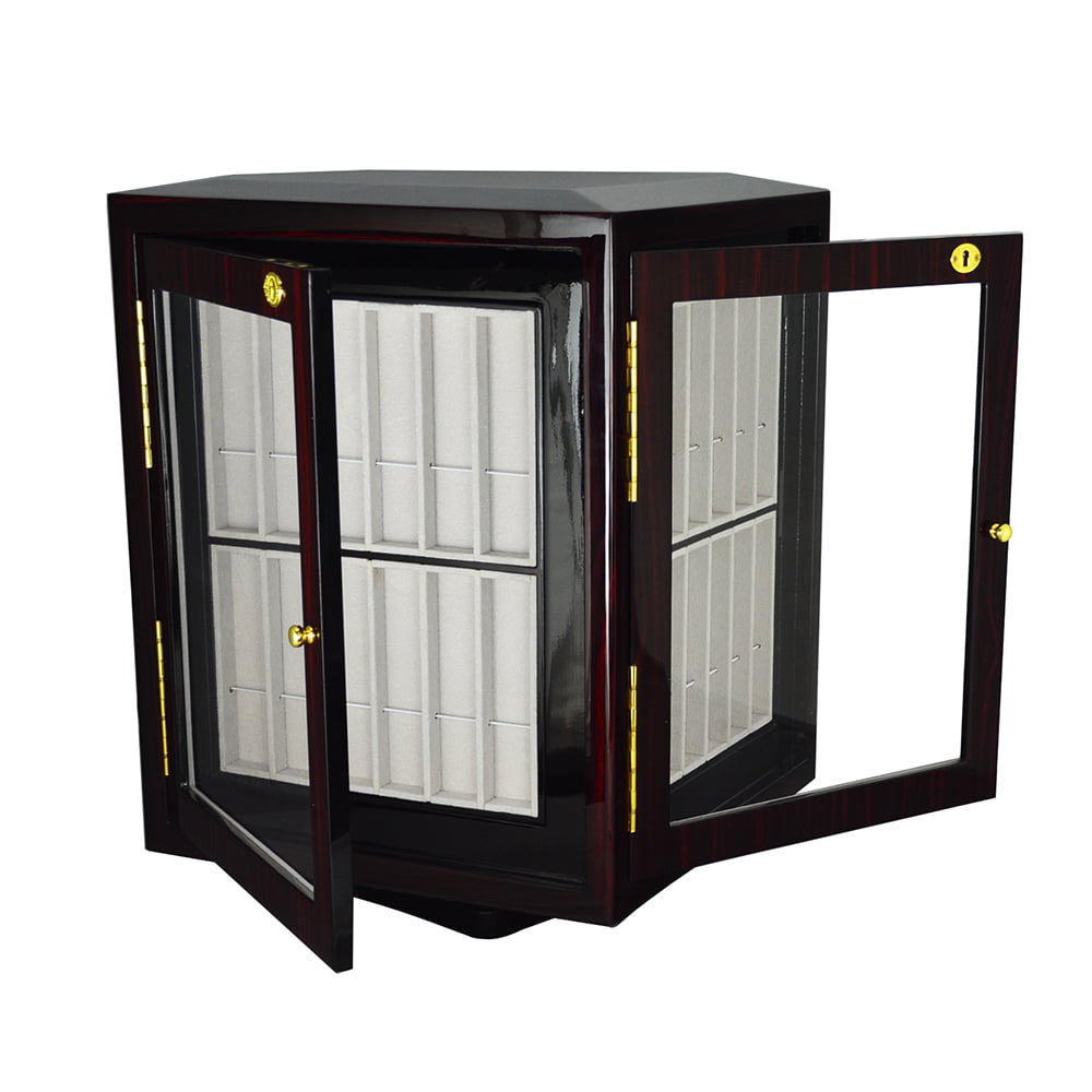 Ebony 48-slot watch strap cabinet with open acrylic display doors and beige compartmented interior
