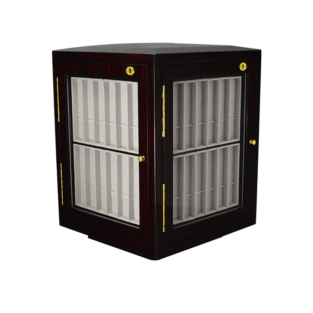 Ebony watch strap display cabinet with acrylic panels, beige strap compartments and gold-tone hardware