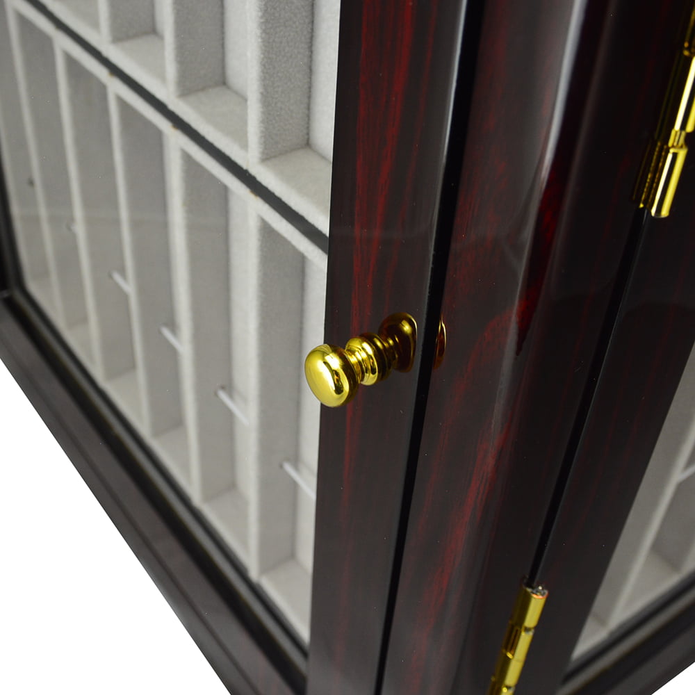 Ebony watch strap cabinet close-up showing gold-tone door knob, hinge and acrylic display panel