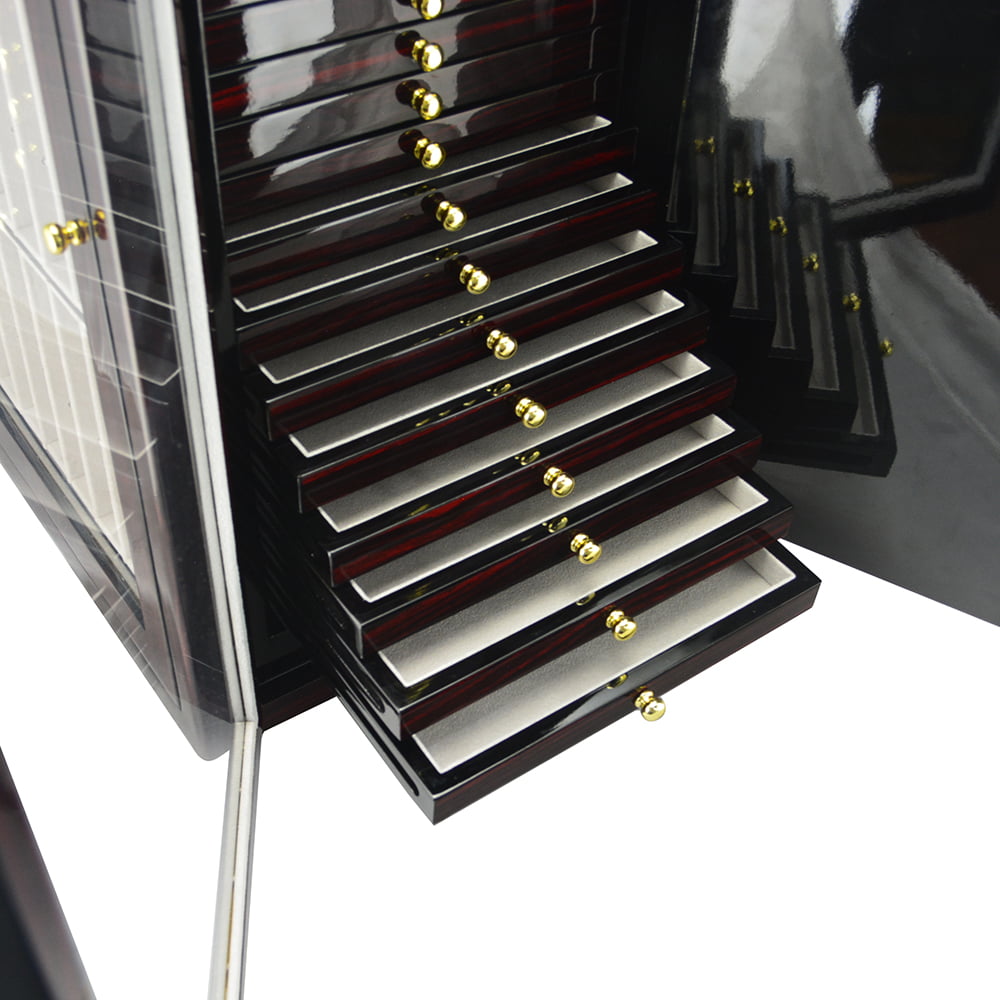 Ebony watch strap storage cabinet with 13 pull-out drawers, beige interiors and gold-tone knobs