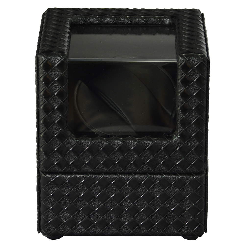 Black woven PU leather single watch winder with acrylic viewing window and watch cushion