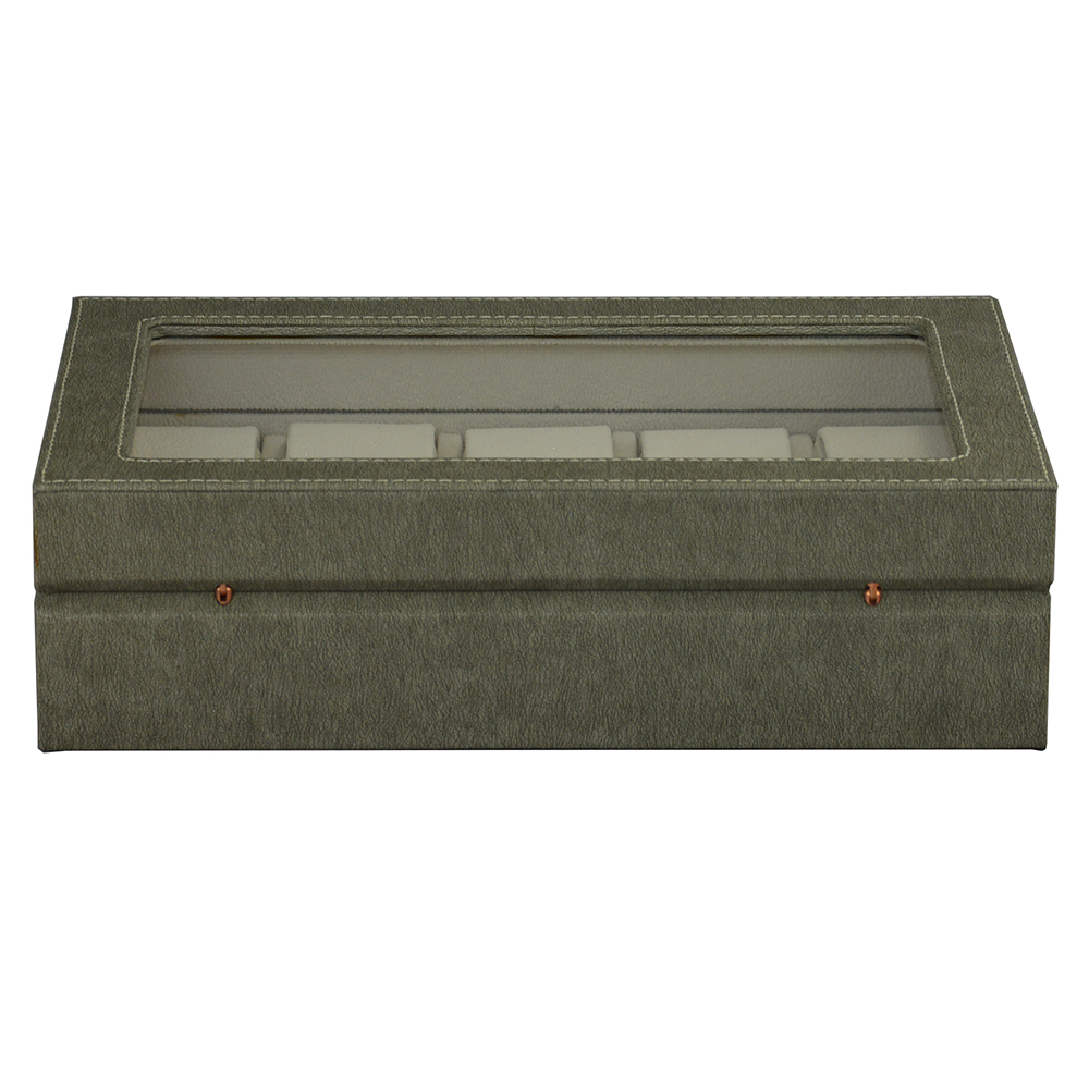 Grey leather watch collection case with multiple watch compartments