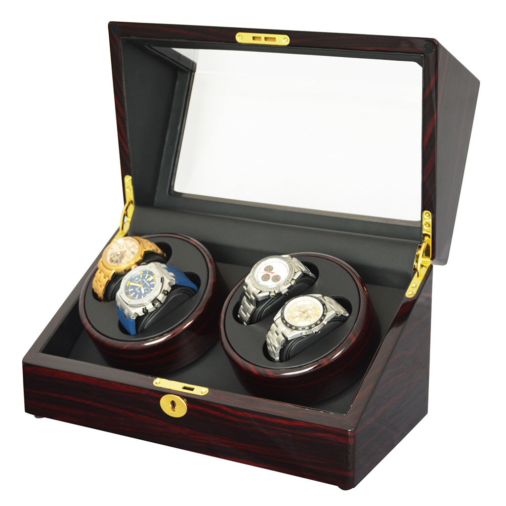Double watch winder box showing four winding positions through display window