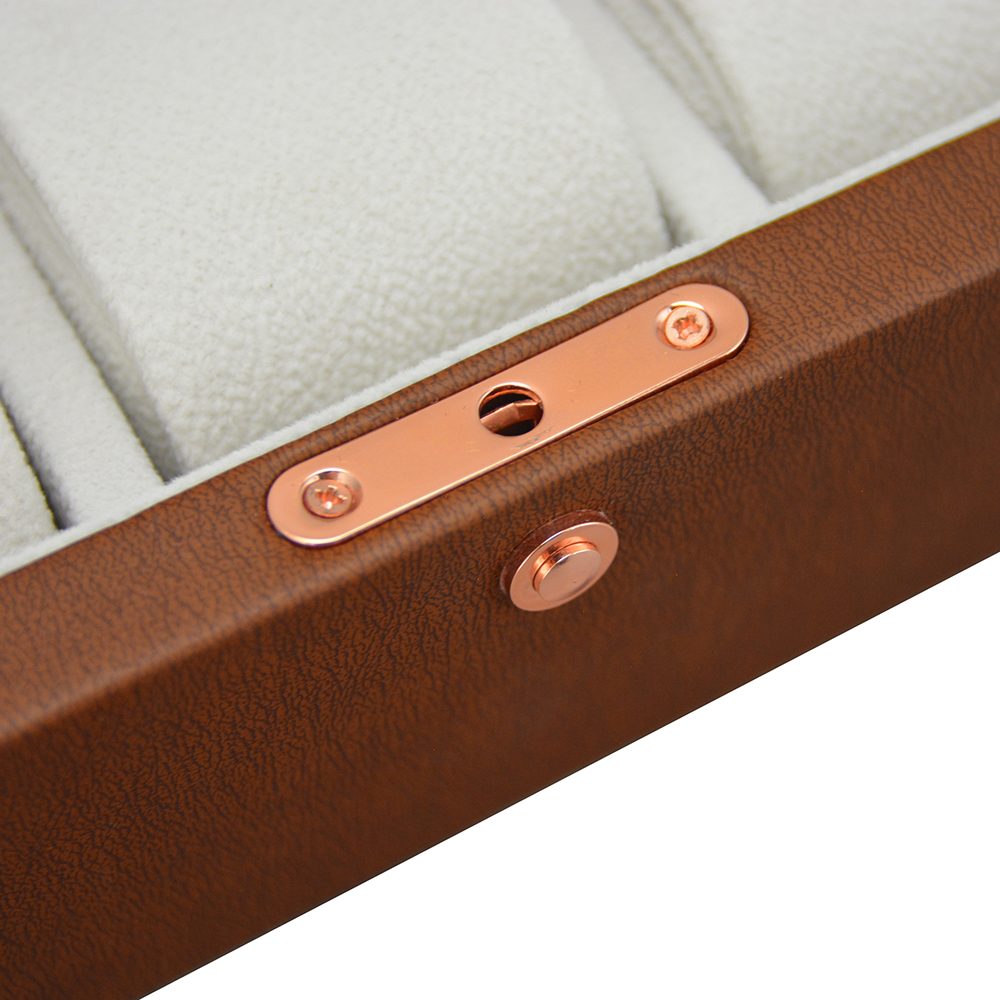 Modern 10 slot watch storage case with brown leather finish and display design