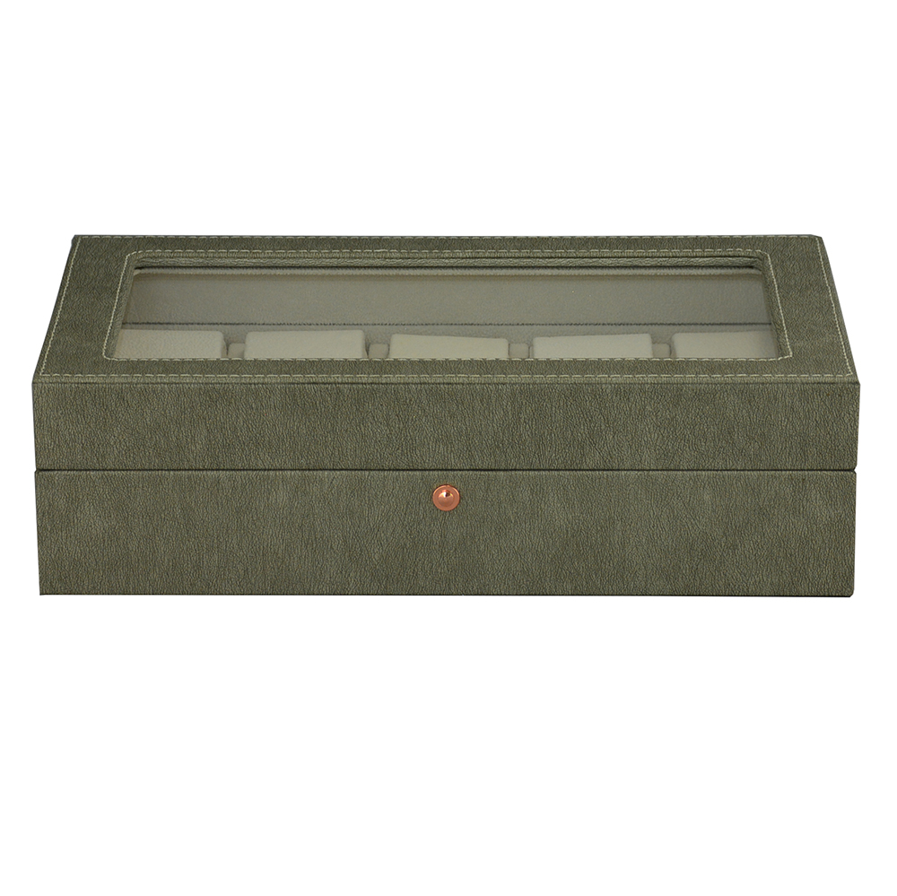 PU leather watch display case in grey finish with velvet interior