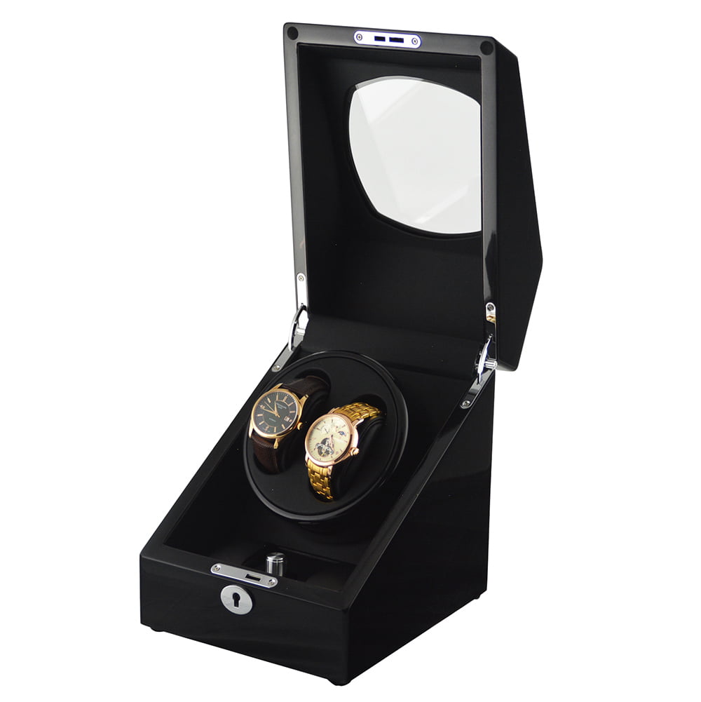 Open black 2-watch winder showing dual-watch holder, black interior and lid hardware