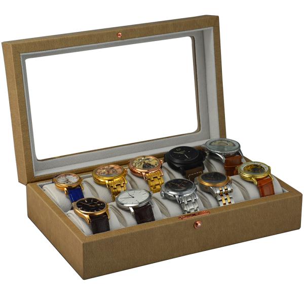 Yellow watch collection box showing ten watch compartments with cushions