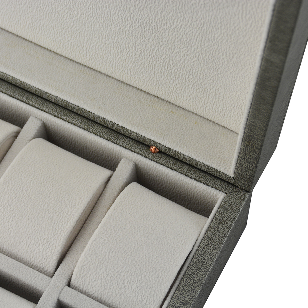 10 slot watch collection case with grey PU leather finish and velvet lining