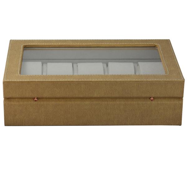 Yellow PU leather watch organizer box with velvet interior and display window