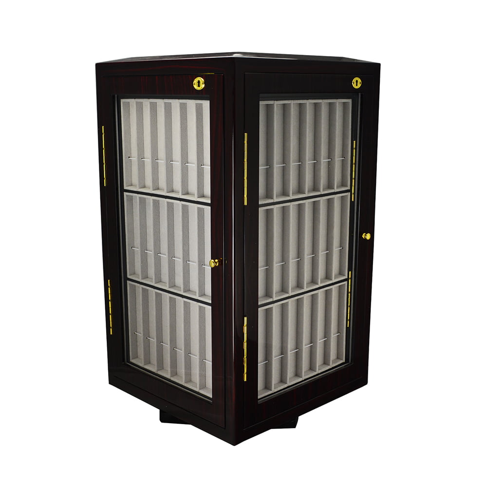 Watch strap display case showing beige interior compartments and transparent display panels