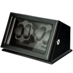 Wood watch winder displaying watches through glass window