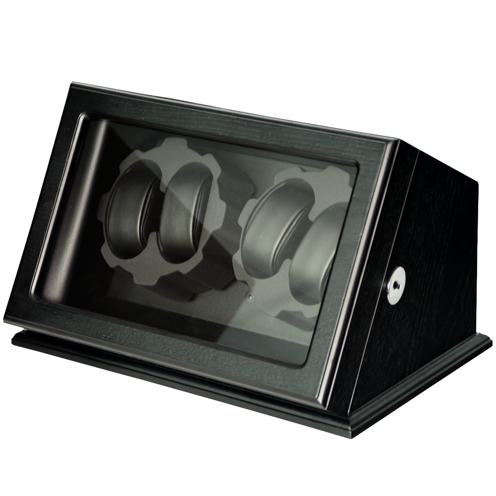Wood watch winder displaying watches through glass window