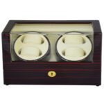 Ebony watch winder with glossy lacquered exterior and acrylic display window