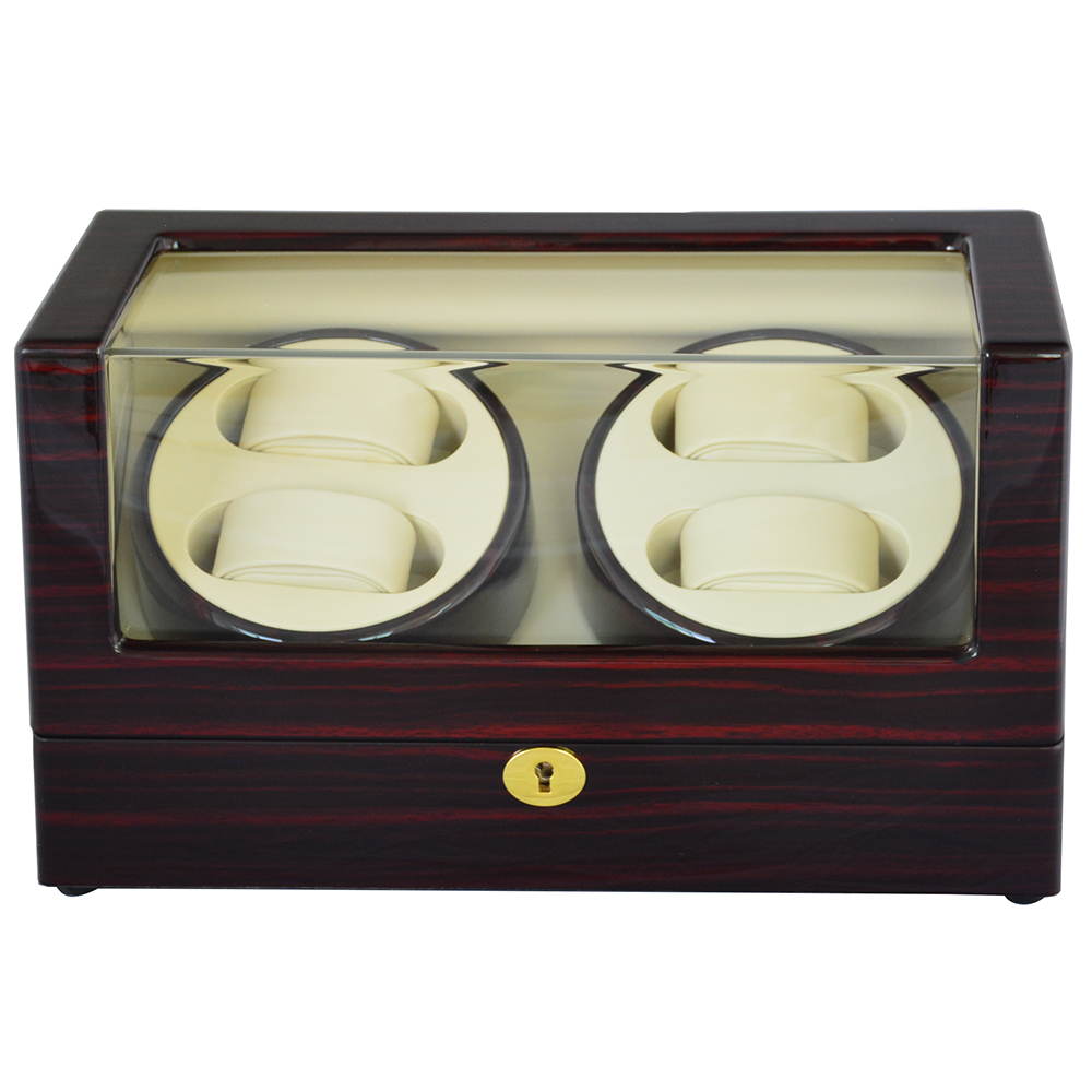 Ebony watch winder with glossy lacquered exterior and acrylic display window