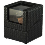 Black woven PU leather single watch winder displaying one watch through the acrylic window