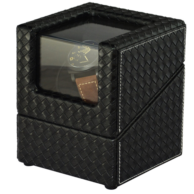 Single Watch Winder with Woven Black PU Leather