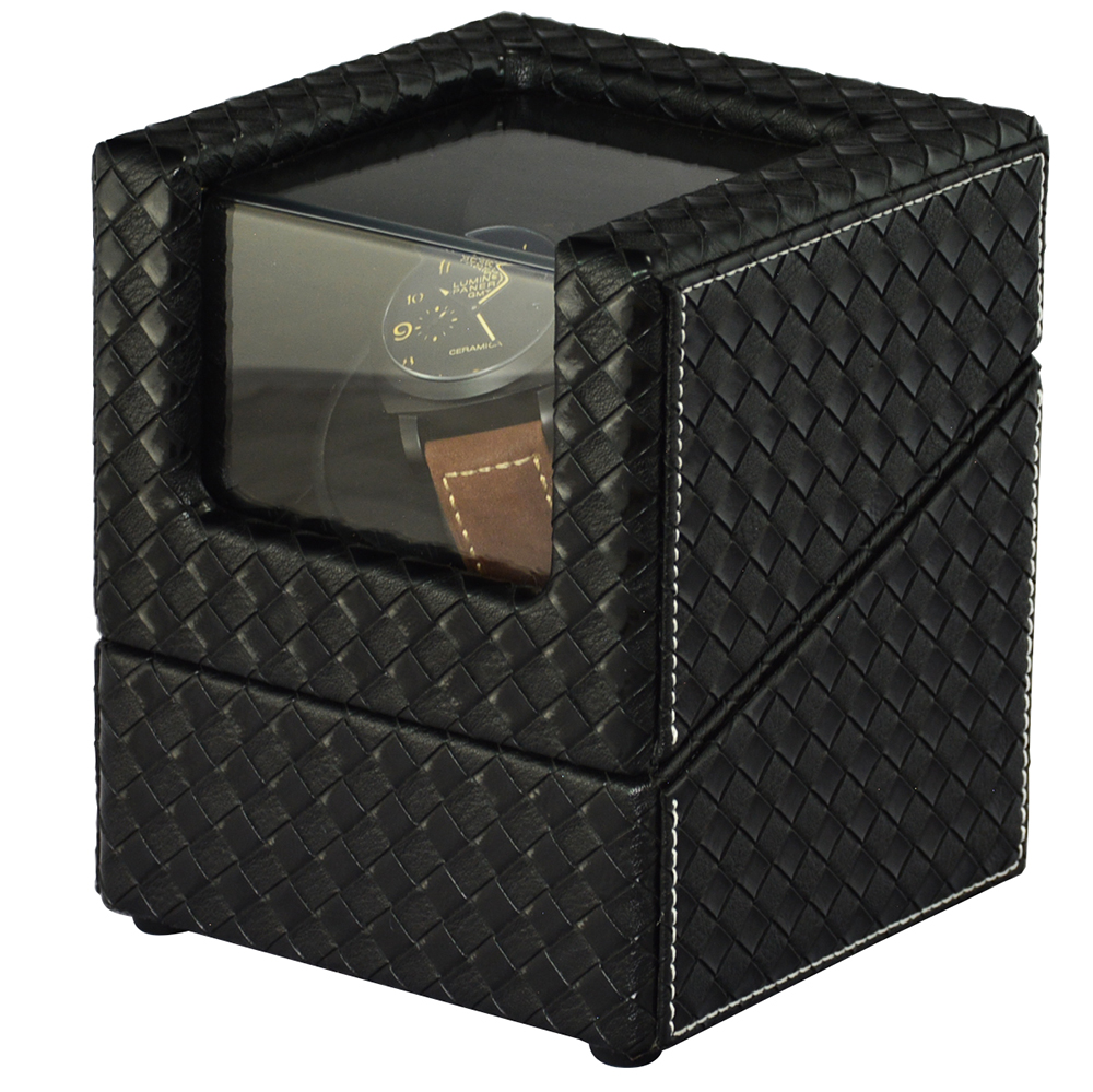 Black woven PU leather single watch winder displaying one watch through the acrylic window
