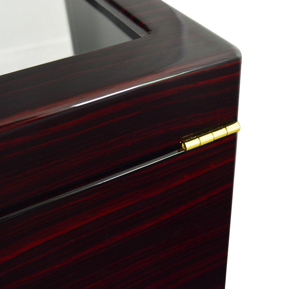 Double watch winder box angle view with gold hinge