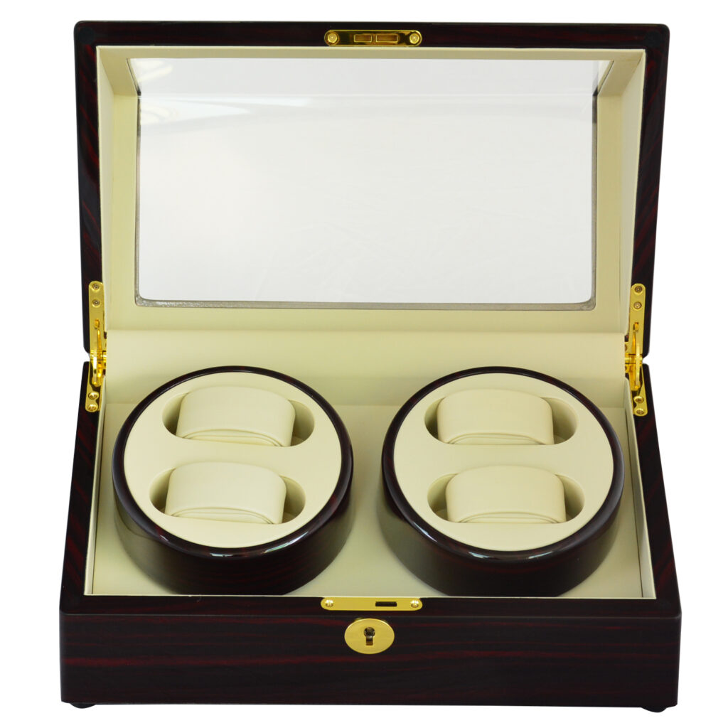 Ebony watch winder with four winding positions and transparent display window