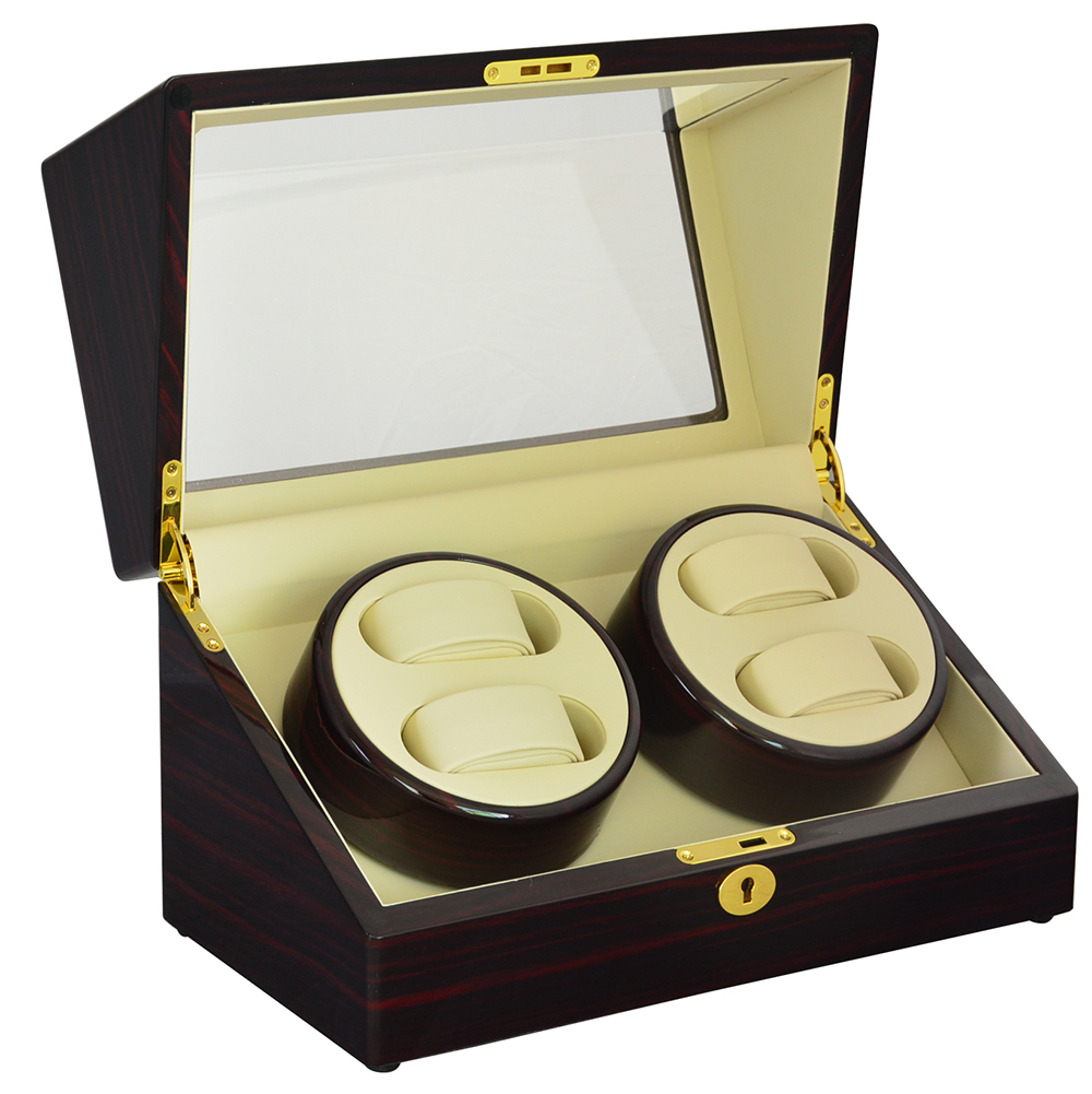 Ebony watch winder open design with beige PU leather interior and watch cushions