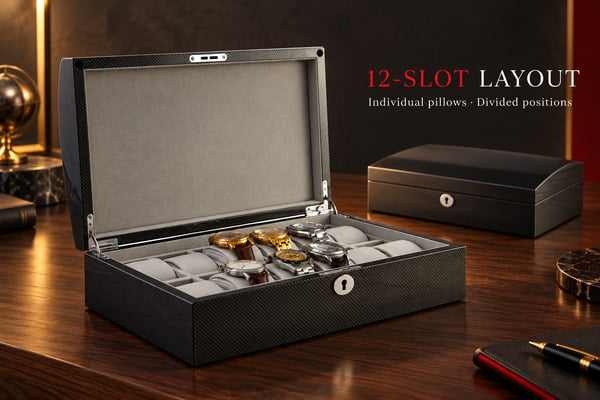 Arc carbon-fiber-style 12-slot watch case with individual grey pillows and divided positions