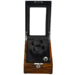 Black zebra wood grain watch winder open view with black PU leather interior