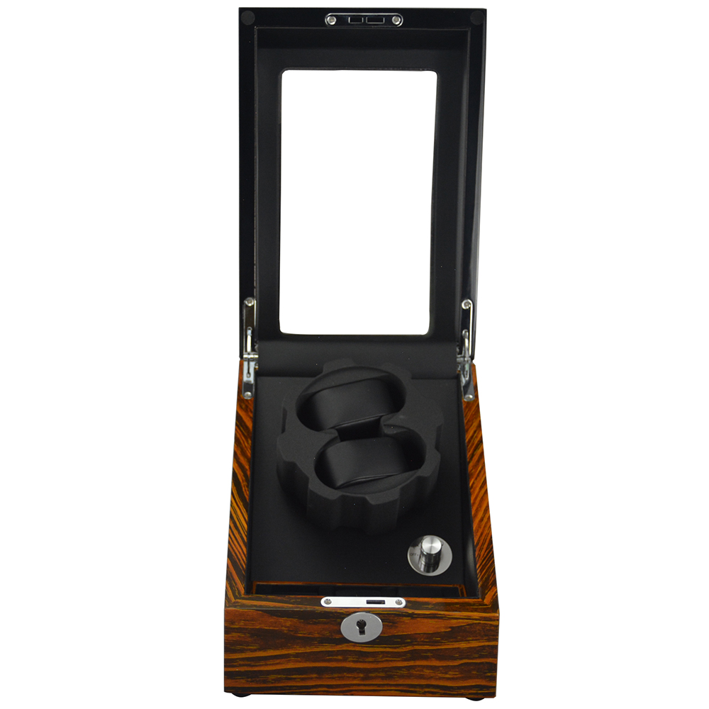 Black zebra wood grain watch winder open view with black PU leather interior