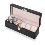 Carbon fiber watch collection box open with beige velvet interior and watch cushions